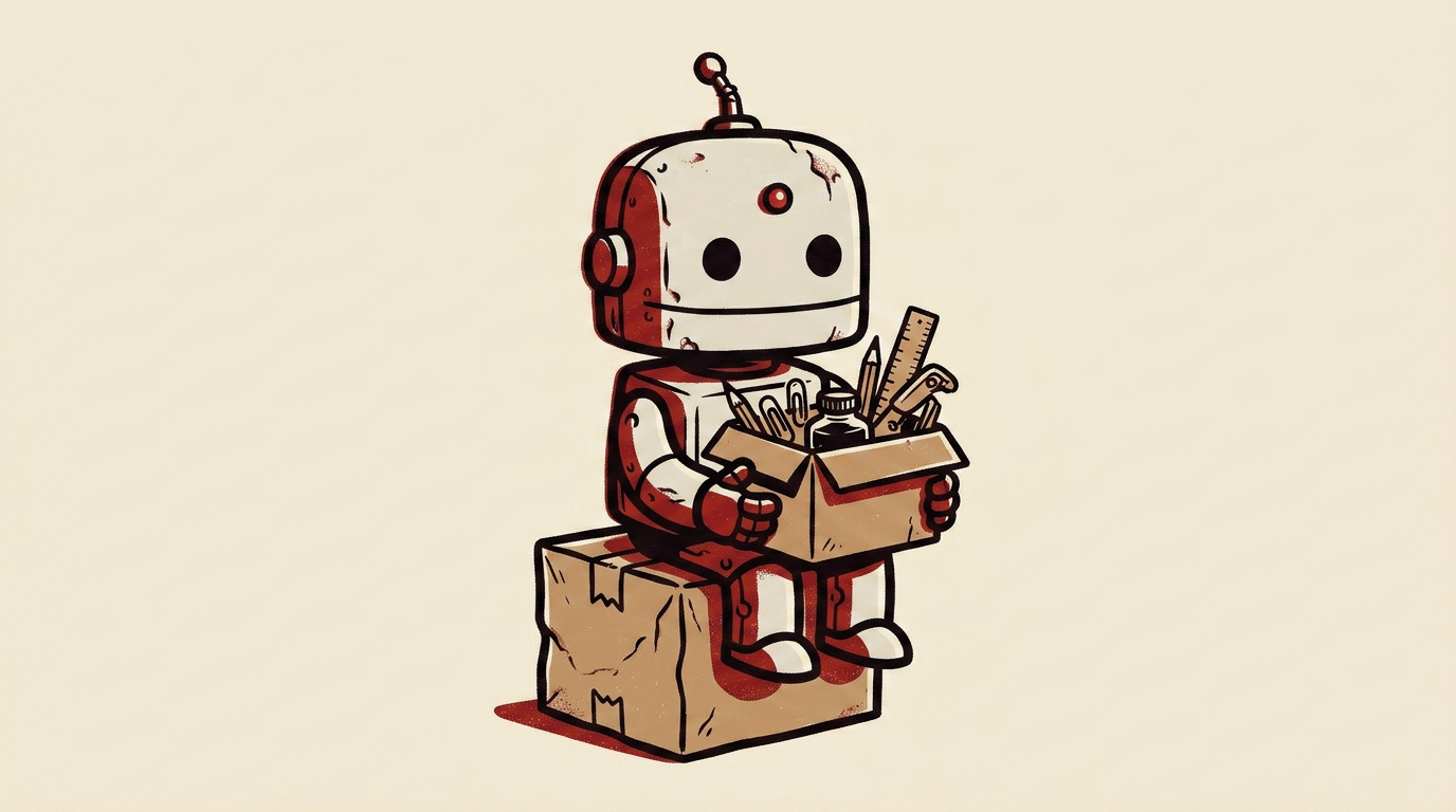 Robot with a box of desk supplies